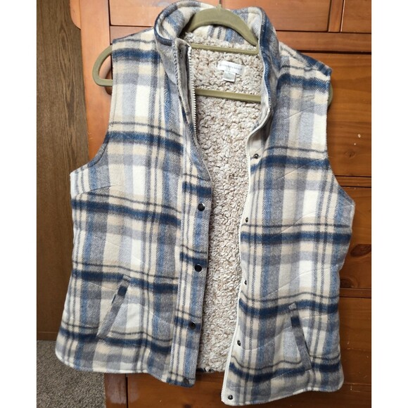 Christopher & Banks Plaid Vest Size Large Plaid Blue Brown Sherpa Lined Snaps - Picture 2 of 10